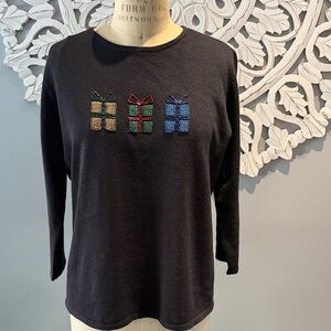 Vintage Shag Harbor Christmas Gift box bling black Long Sleeve Top large